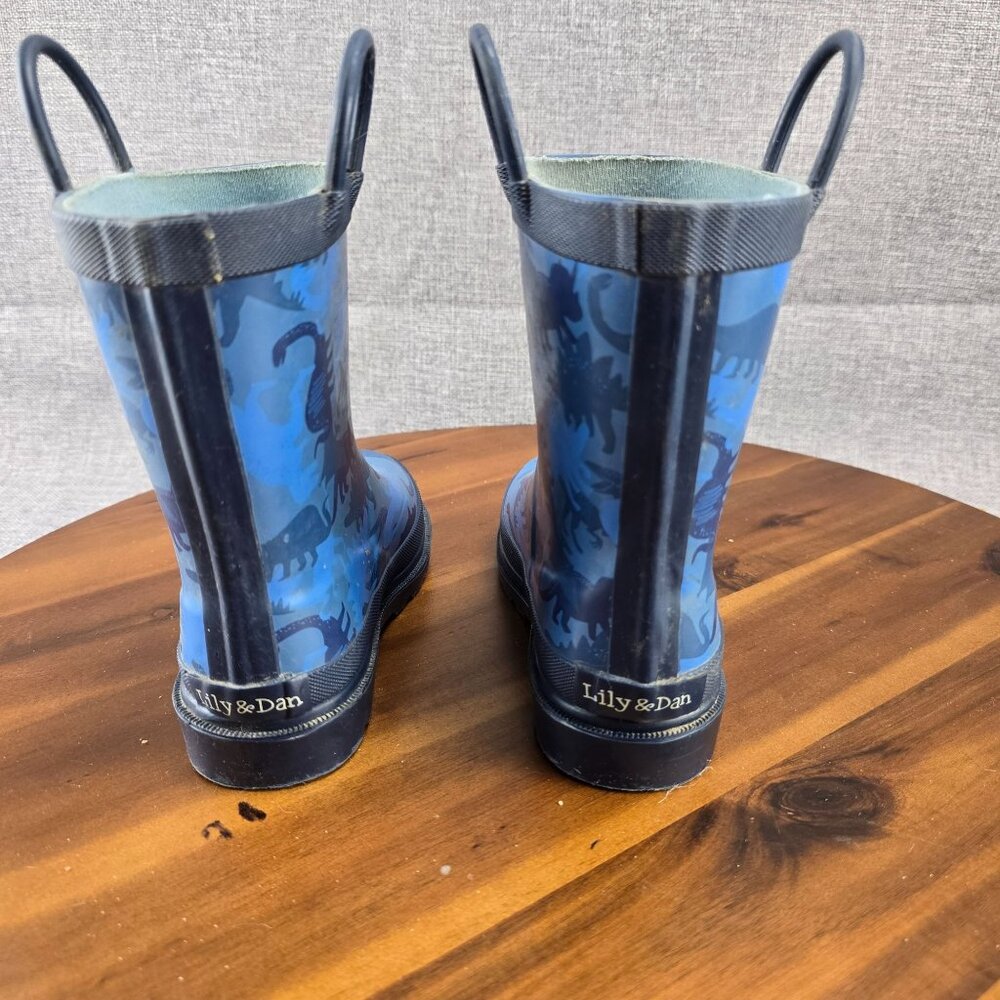 Kids Dinosaur Rubber Rain Boots By Lilly & Dan Size 11/12 Blue & Black - Picture 3 of 13